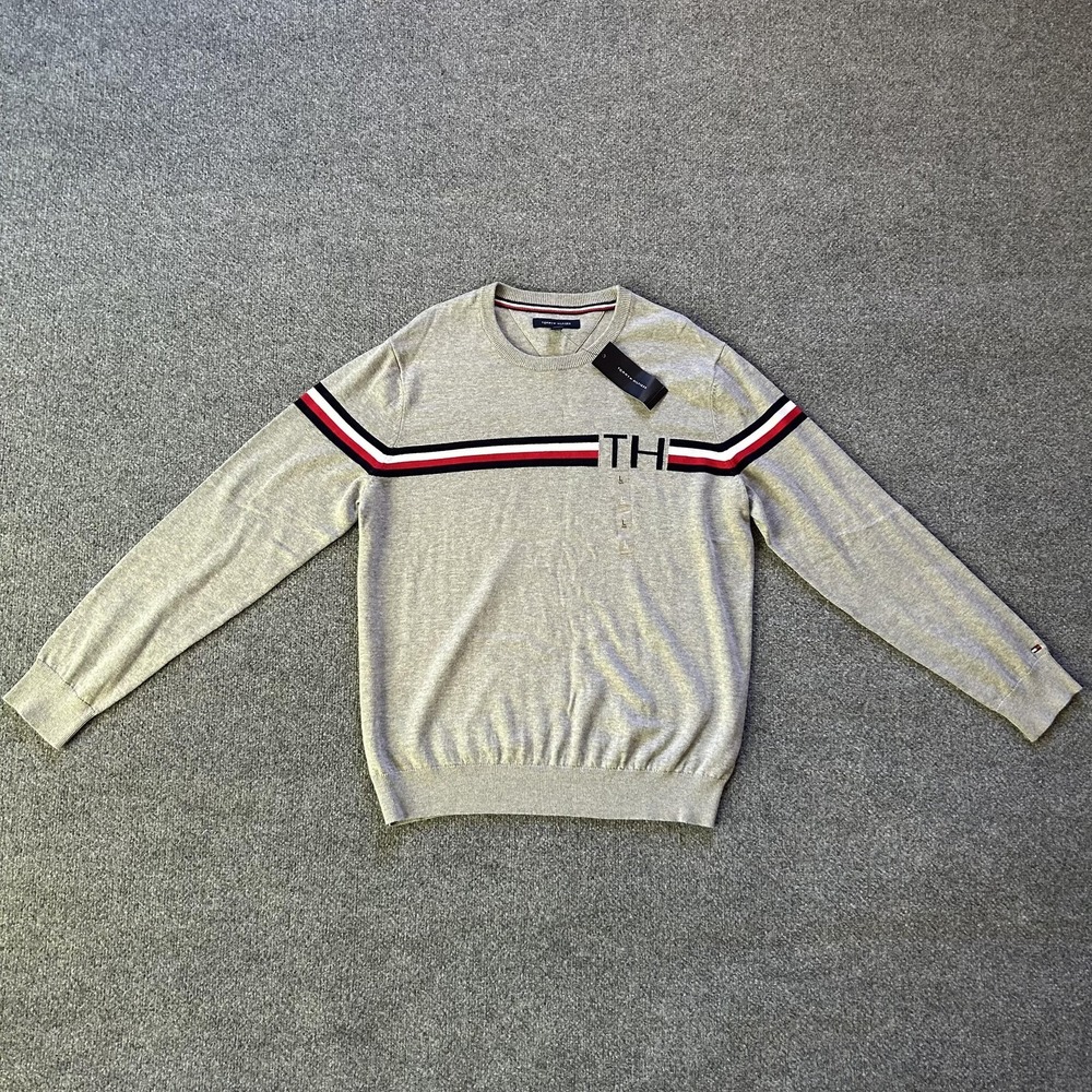 Tommy Hilfiger Sweater Mens Large Light Gray Crewneck Cotton Stripe TH Logo NWT